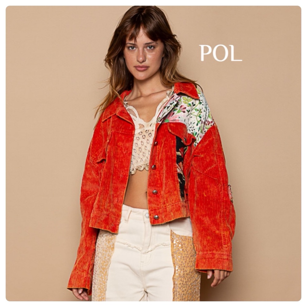 POL Red Corduroy Jacket with Floral Accents